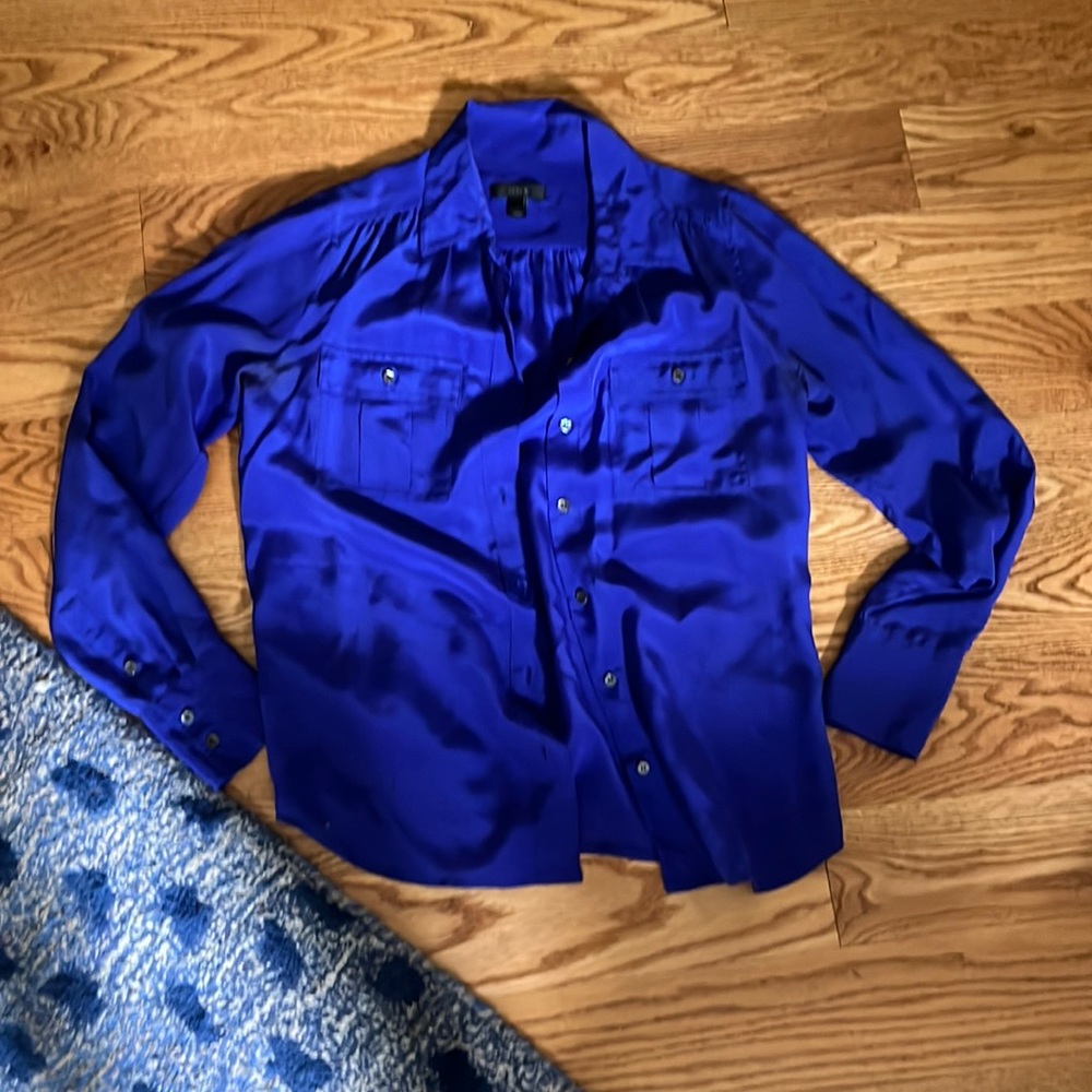 jcrew bright blue 100% silk button down blouse size 4